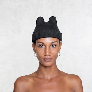 MINI SOCKY - BLACK Cotton Beanie - Black Knit Skull Cap - Mini Rabbit Ears - Silly Cold Weather Beanie - Cute Snow Beanie Gift - Ski Hat