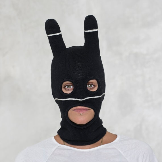 Black White Striped Balaclava With Ears: Hand Knit Bunny Mask - Etsy