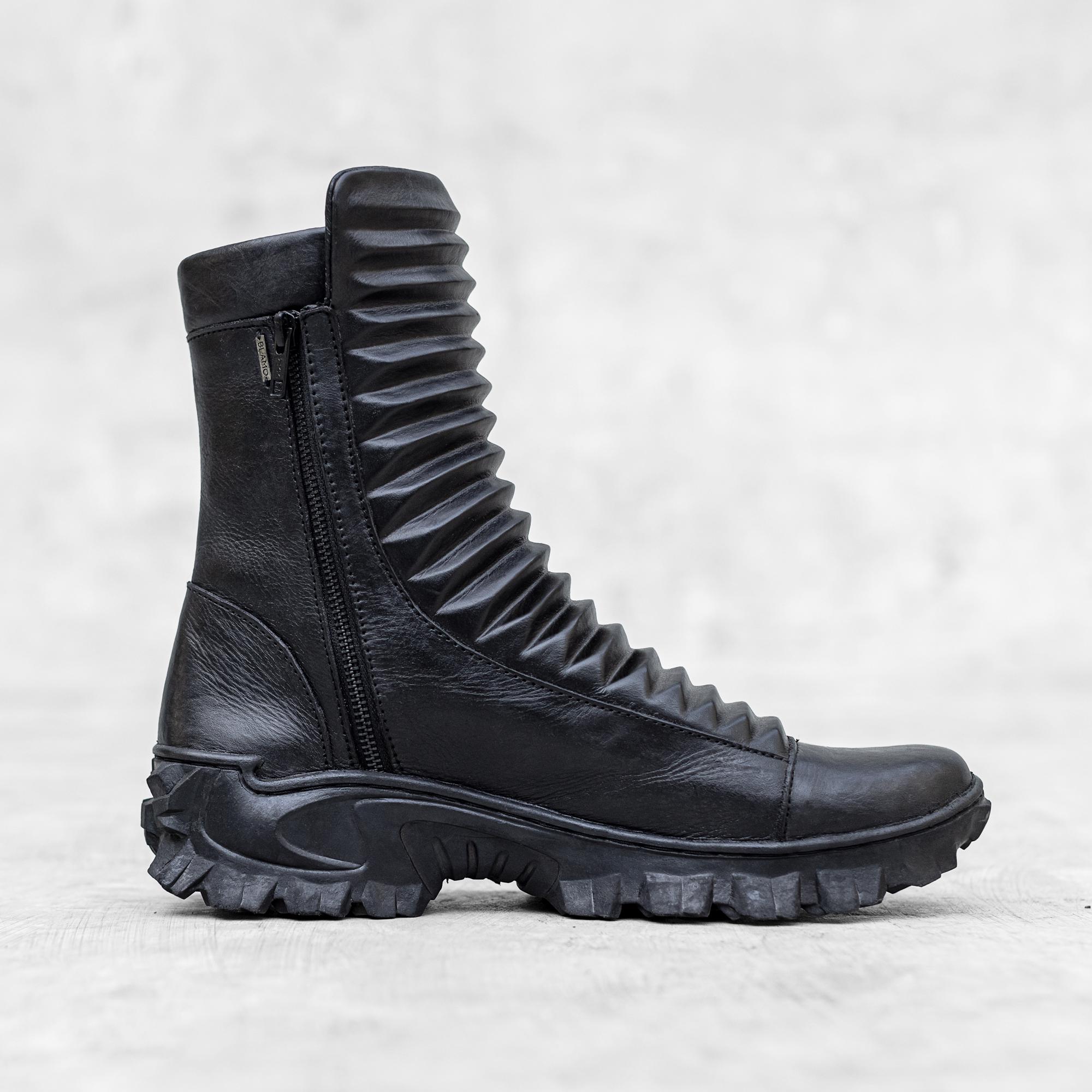 Black High Top Rave Boots - Hand Formed Leather - Cyberpunk Military Boot - Futuristic Streetwear - Festival Moon Boots - HIGH RAZED BOOT