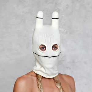 SOCKY White Knit Striped Black BALACLAVA - Beanie -Stuffed Ears - Blamo Clothing - Snowboard & Ski Mask -2 Hole Balaclava - Winter Snow Mask