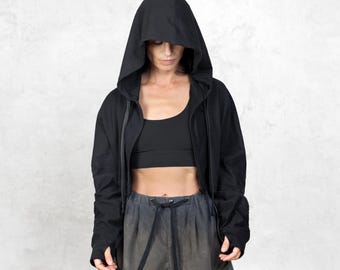 Handmade Lightweight Cropped Boxy Kimono Sleeved Black French Terry Cotton Hoodie – Daydreamer Hoody