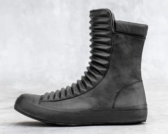 Black Leather High Top Handmade Ridged Shoes -  Festival Boots - Futuristic Streetwear - Razed Boots