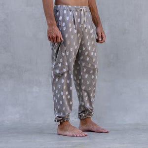 Cargo Style Lounge Pants – Bone Gray Handmade Naturally Dyed Cotton Sweatpants (Batik BLAMO Logo - All Over Socky Print)