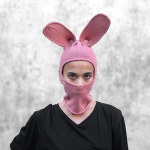 Pink Bunny Balaclava Mask – Hand-Knit Cotton Rabbit Costume, Unisex Festival Ski Mask, Handmade Animal Headwear