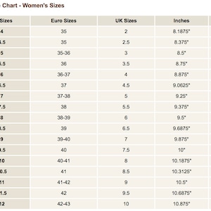 May include: A shoe size chart for women's sizes, displaying US, Euro, and UK sizes, along with measurements in inches and centimeters. The chart includes sizes from US 4 (20.8 cm) to US 12 (27.6 cm), with corresponding Euro and UK sizes.