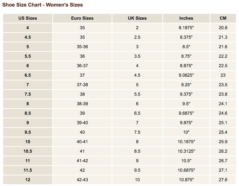May include: A shoe size chart for women's sizes, displaying US, Euro, and UK sizes, along with measurements in inches and centimeters. The chart includes sizes from US 4 (20.8 cm) to US 12 (27.6 cm), with corresponding Euro and UK sizes.