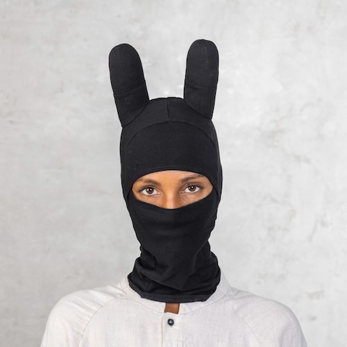 SEICARINO Rabbit Ears Balaclava バラクラバ Black Bunny Balaclava – Hand Knit Cotton Rabbit Mask With Bendable