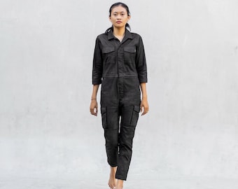 Mono de trabajo hecho a mano - Mono de una pieza negro para mujer - Lona elástica duradera - Mono de trabajo hecho a mano - Traje de vuelo mecánico - NAUSICAA