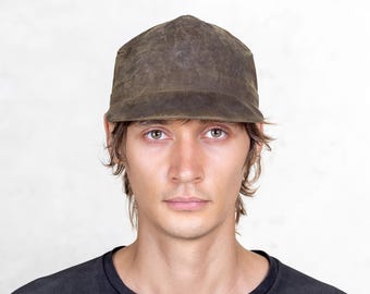 Cappellino da baseball in tela cerata - Cappello da viaggiatore verde oliva fatto a mano