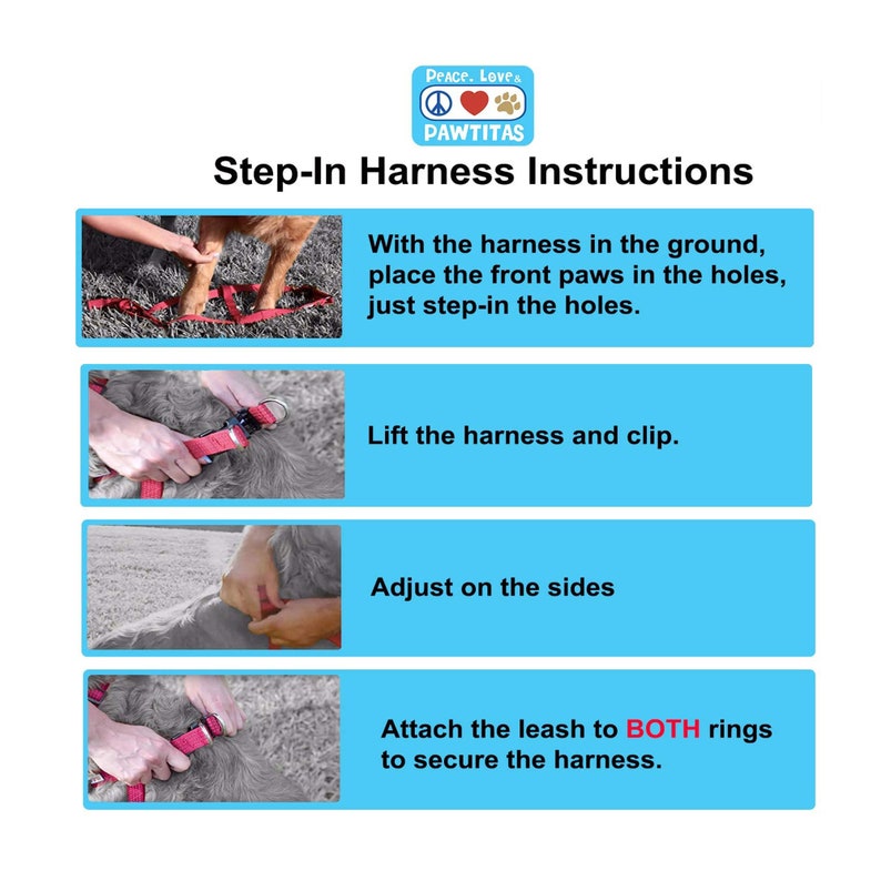 May include: Instructions for a step-in dog harness. The harness is red and has two rings for attaching a leash. The instructions show how to put the harness on a dog, adjust it, and attach the leash.