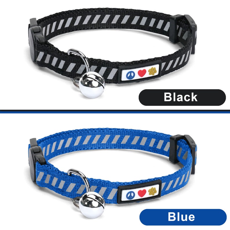 May include: Two cat collars with a bell and a peace sign, heart, and paw print charm. The collars are black and blue with reflective stripes. The text "Black" and "Blue" is below each collar.