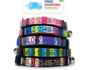 Embroidered Cat Collar: Personalized Breakaway Buckle with Bell