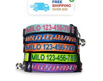Personalized Embroidered Cat Collar: Reflective Breakaway with Bell