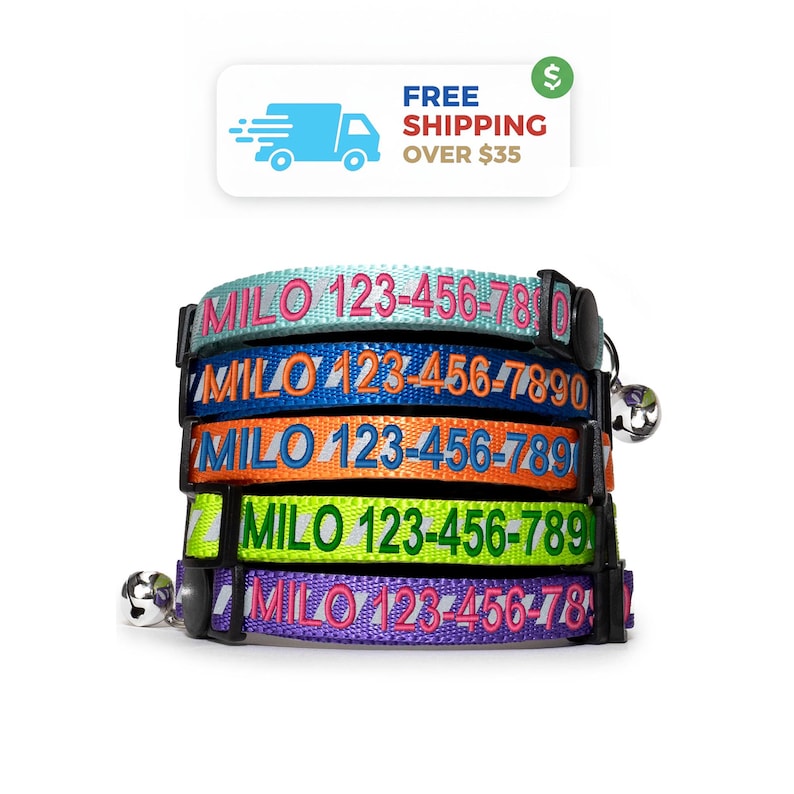 Personalized Embroidered Cat Collar: Reflective Breakaway with Bell image 1