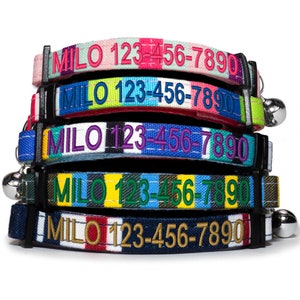 Personalized Cat Collar Custom Cat Collar with Bell name and phone Adjustable Cat Collar Buckle Embroidered Breakaway Cat Collar Multicolor