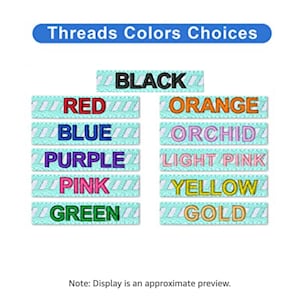 May include: A chart showing thread colour choices for embroidery. The colours are black, red, blue, purple, pink, green, orange, orchid, light pink, yellow, and gold.