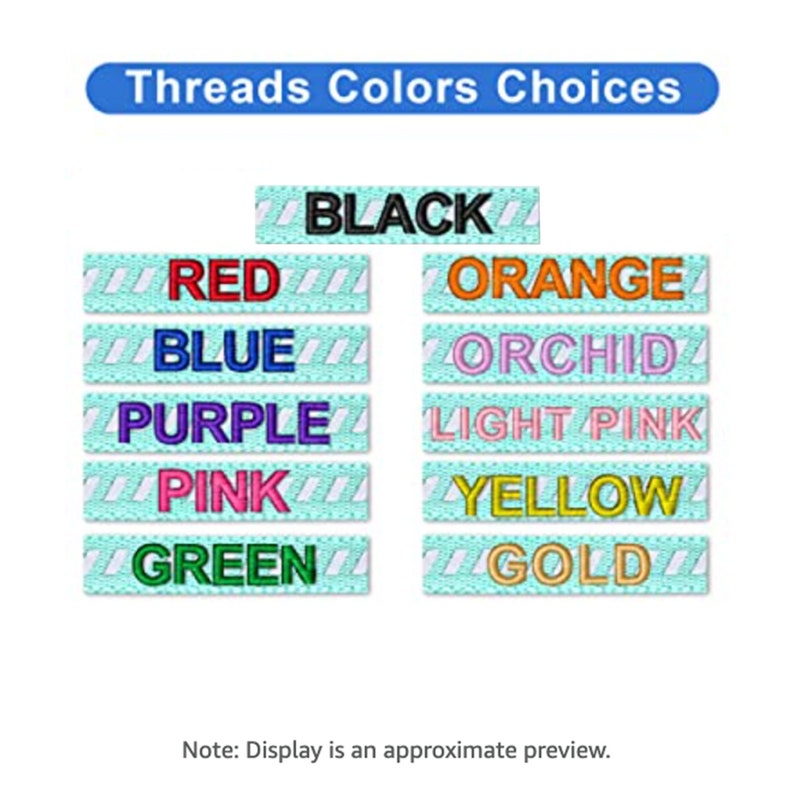 May include: A chart showing thread colour choices for embroidery. The colours are black, red, blue, purple, pink, green, orange, orchid, light pink, yellow, and gold.