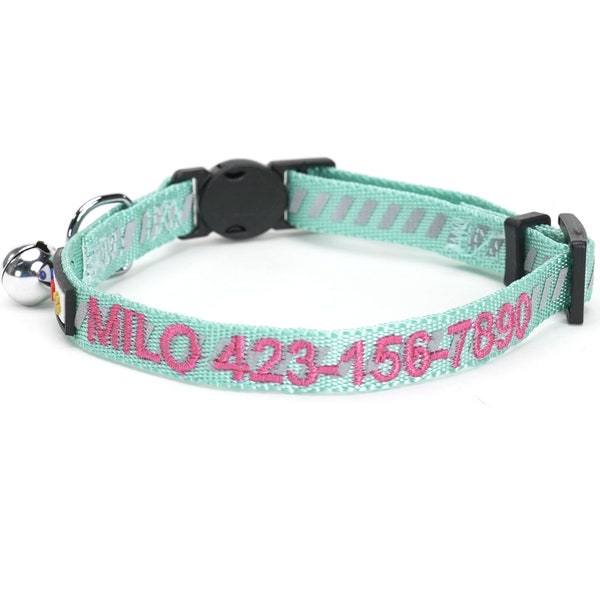 Personalized Cat Collar Custom Cat Collar with Bell name and phone Nylon Cat Collar Buckle Embroidered Breakaway Reflective Cat Collar
