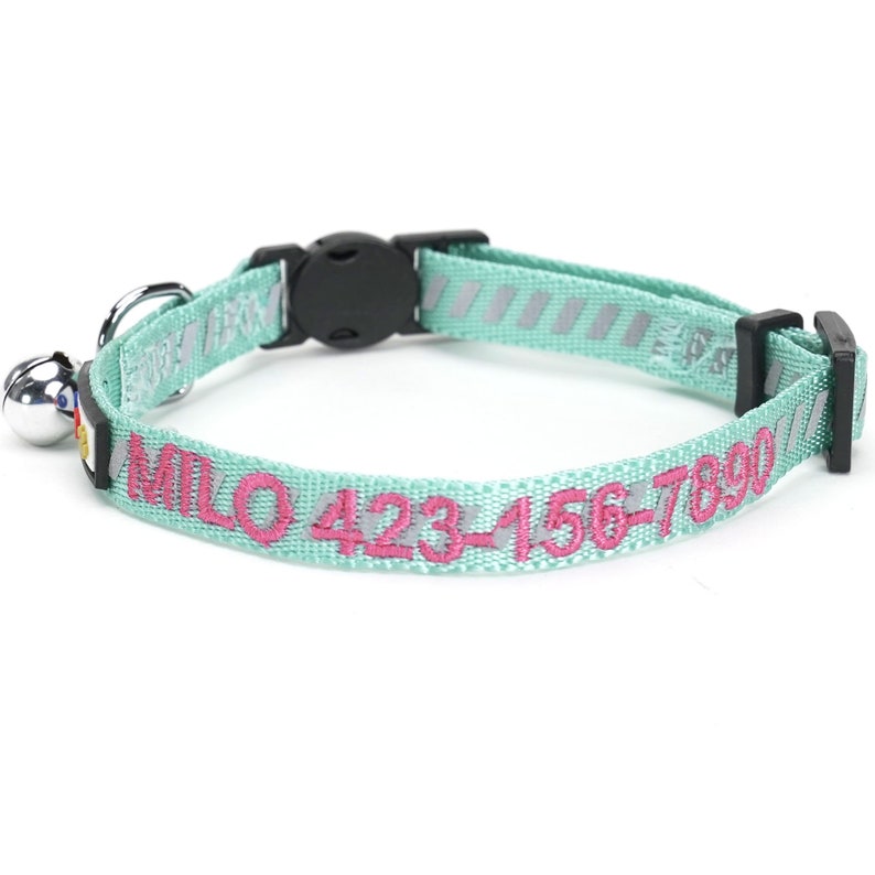 Personalized Cat Collar Custom Cat Collar with Bell name and phone Reflective Cat Collar Buckle Embroidered Breakaway Reflective Cat Collar Teal