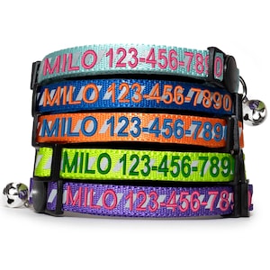 Personalized Cat Collar Custom Cat Collar with Bell name and phone Reflective Cat Collar Buckle Embroidered Breakaway Reflective Cat Collar image 1