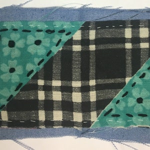 Boro Sashiko inspired Mending Patches, pair, black and green on blue fabric, handmade, ready for your project, patch, mending, junk journal