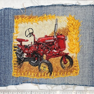 Patch for mending or as part of your project, red tractor in wheat field, embroidery of wheat and weeds, boho sashiko inspired stitches
