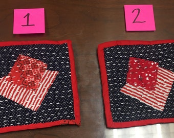 Boro Giapponese Sashiko ispirato Quilted Mug tappeto / candela mazzet / coaster rosso bianco blu fibra art fatto a mano Boho patch look