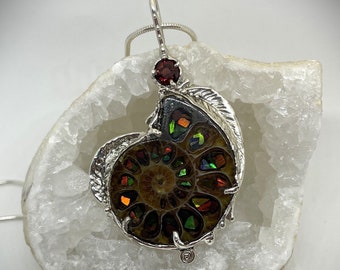 Ammonite ammolite pendant, ammolite inlay, ammolite necklace, spiral fossil pendant, sterling silver, garnet,ammolite necklace.