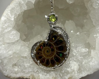 Ammonite ammolite pendant, ammolite inlay, ammonite necklace, spiral fossil pendant., sterling silver, peridot