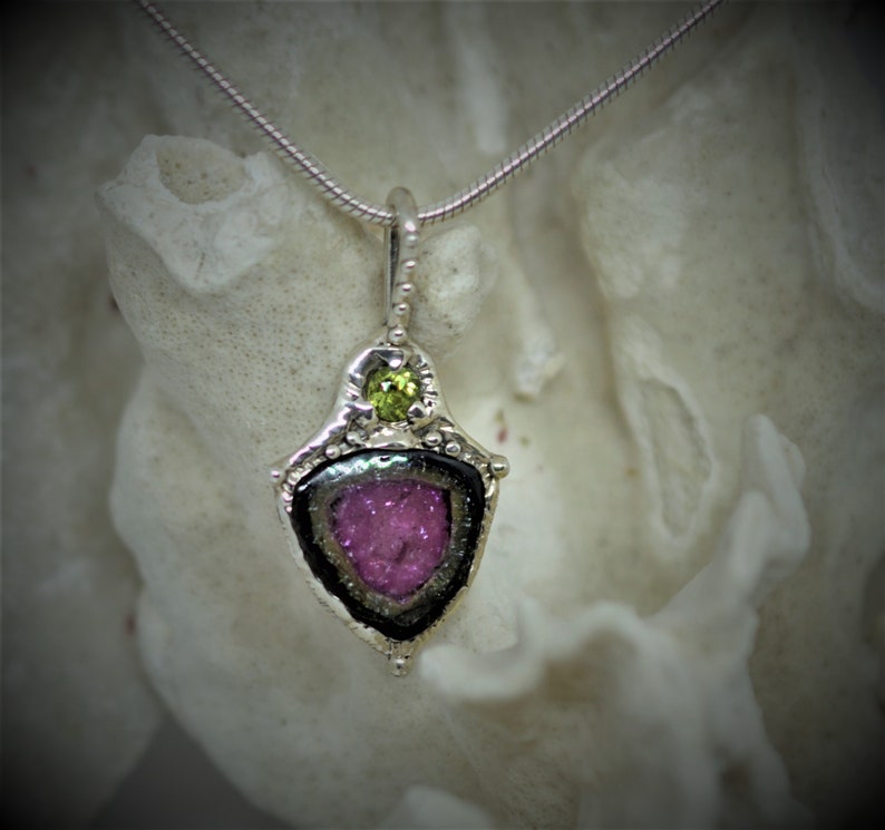 One of a Kind Organic Nature Inspired sterling Silver,peridot pendant Watermelon Tourmaline slice
