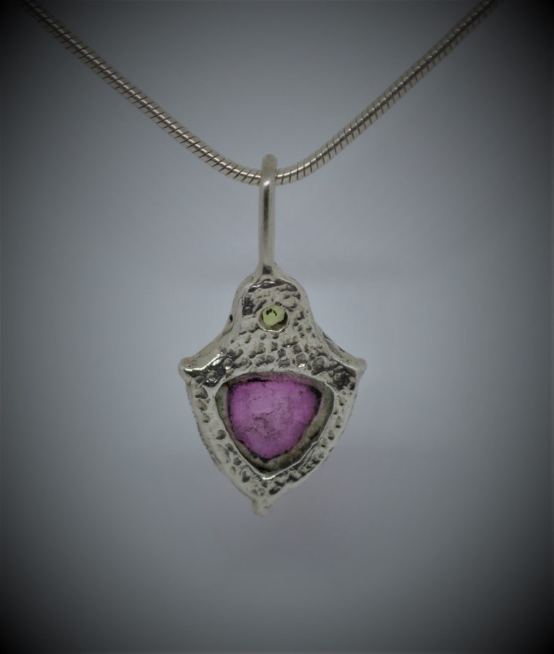 One of a Kind Organic Nature Inspired sterling Silver,peridot pendant Watermelon Tourmaline slice