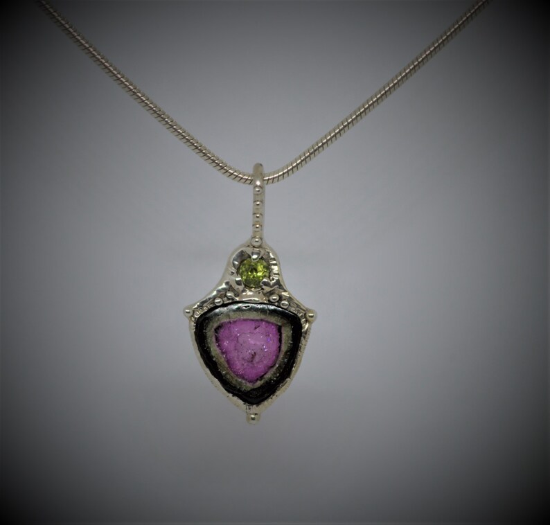 One of a Kind Organic Nature Inspired sterling Silver,peridot pendant Watermelon Tourmaline slice
