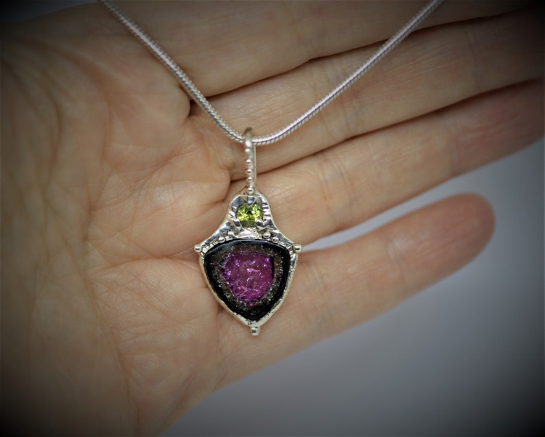 One of a Kind Organic Nature Inspired sterling Silver,peridot pendant Watermelon Tourmaline slice
