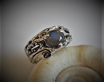 Bague Labradorite en Argent Sterling avec Sculpture Aquatique, Bague de Graduation, Bague Fiancailles