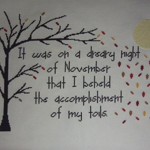 Gothic Cross Stitch Pattern Frankenstein Quote Mary Shelley Autumn Leaves Instant Download Gothic Novel November