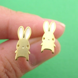 Tiny Cartoon Bunny Rabbit Shaped Stud Earrings in Gold or Silver | Minimal Handmade Animal Themed Jewelry