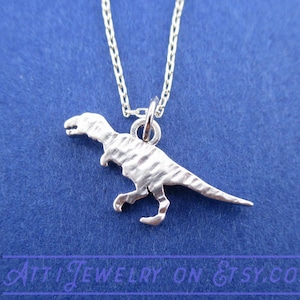 Textured Velociraptor Dinosaur Silhouette Shaped Pendant Necklace in Silver | Handmade Animal Jewelry