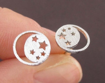 Crescent Moon and Stars Dye Cut Round Allergy Free Stud Earrings in Silver  | Minimalistic Handmade Jewelry