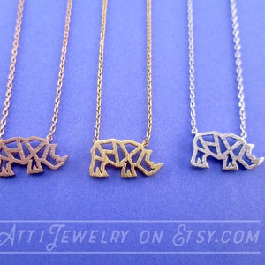 Rhinoceros Rhino Cut Out Shaped Animal Silhouette Pendant Necklace in Silver Gold or Rose Gold | Minimalistic Handmade Animal Jewelry
