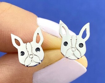 Teeny Tiny Minimal French Bulldog Frenchie Head Shaped Allergy Free Stud Earrings in Gold or Silver | Handmade Animal Jewelry