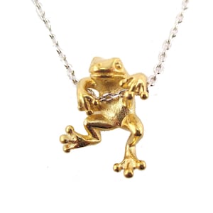 Realistic Frog Pendant Dangling on a Chain Necklace in Gold on Silver | Handmade Animal Jewelry