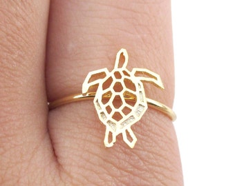 Anillo ajustable de tortuga marina en oro / Joyería minimalista hecha a mano con forma de animal