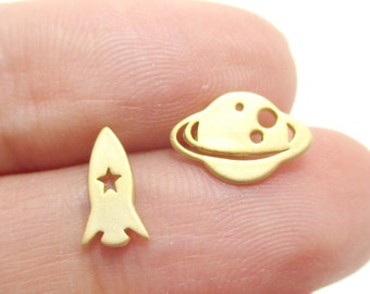 Saturn and Spaceship Rocket Space Travel Themed Stud Earrings in Gold or Silver | Minimal Handmade Cosmic Universe Inspired Jewelry
