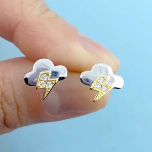 Weather Inspired Thunder Storm Cloud and Rhinestone Lightning Bolt 925 Sterling Silver Stud Earrings | Minimal Handmade Gifts