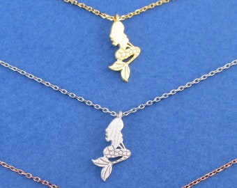 The Little Mermaid Sitting Ariel Silhouette Charm Necklace in Silver Gold or Rose Gold | Handmade Minimal Jewelry