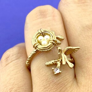 Beautiful Bird on a Bird&#39;s Nest Shaped Adjustable Ring in Gold Silver or Rose Gold | Minimal Handmade Animal Jewelry
