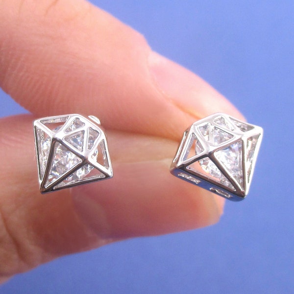 3D Diamantförmige Strass Ohrstecker in Silber | Handmade Minimal Schmuck | Brautjungfer Geschenke | Jubiläumsgeschenke für sie