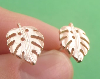 Monstera Leaf Swiss Cheese Plant Nature Lovers Sterling Silver Stud Earrings in Silver or Rose Gold | Handmade Simple Dainty Jewelry