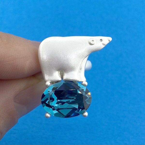 Petit ourson blanc super mignon sur une bague réglable en forme d'iceberg en strass pour les amoureux des animaux | Bijoux faits main minimalistes
