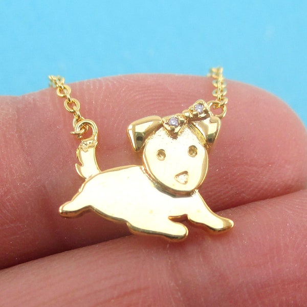 SALE: Cute Tiny Princess Puppy with Crown or Bow Tie Dog Shaped Pendant Necklace in Silver or Gold | Handmade Animal Jewelry for Dog Lovers